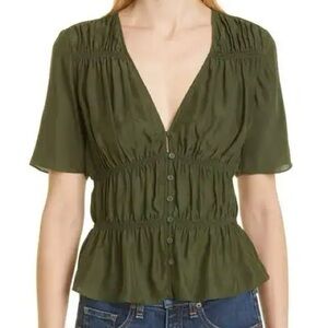 Frame 100% Silk Gathered V-Neck Blouse Fatigue Green Size M